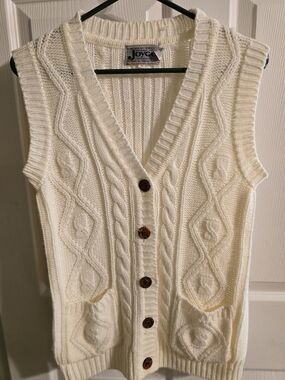 Vintage Joyce Cream Cable Knit V-Neck Button Vest